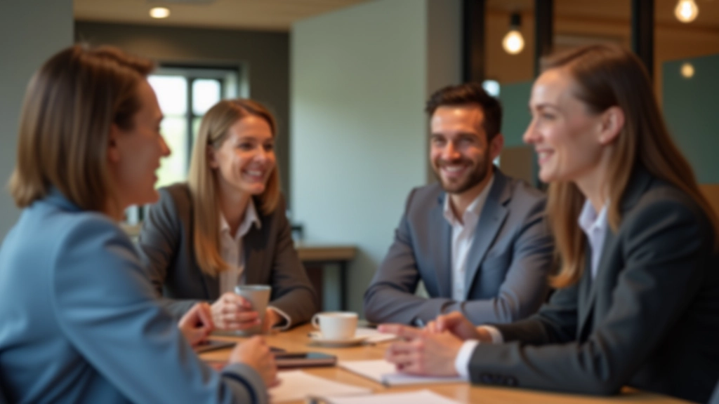 Gruppe von Fachleuten in modernem Meetingraum, sie diskutieren und lächeln, vielfältig zusammengesetzt