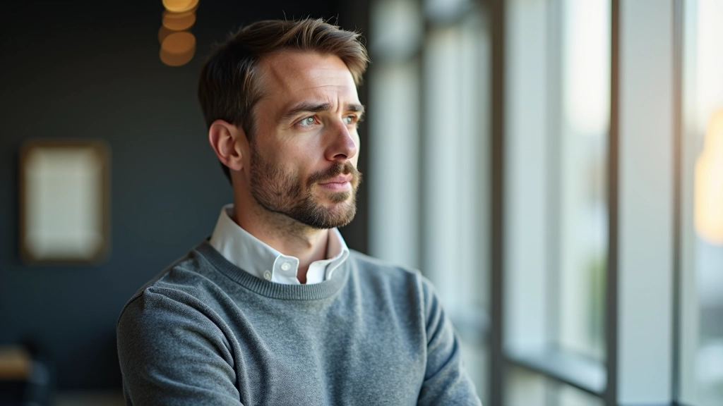 Person mit nachdenklichem Gesichtsausdruck schaut aus dem Fenster, moderne helle Büroumgebung, Sonnenlicht