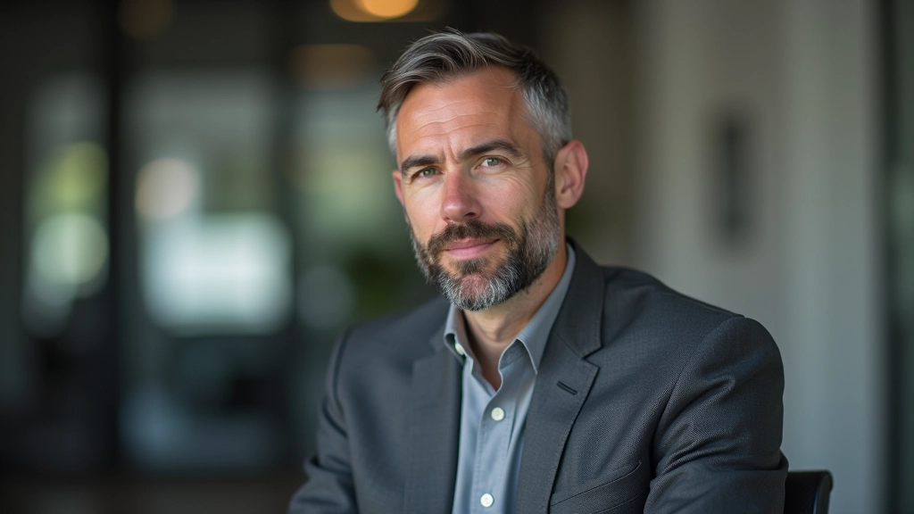 Mann mittleren Alters in professionellem Anzug während eines Bewerbungsgesprächs, selbstbewusste Körperhaltung