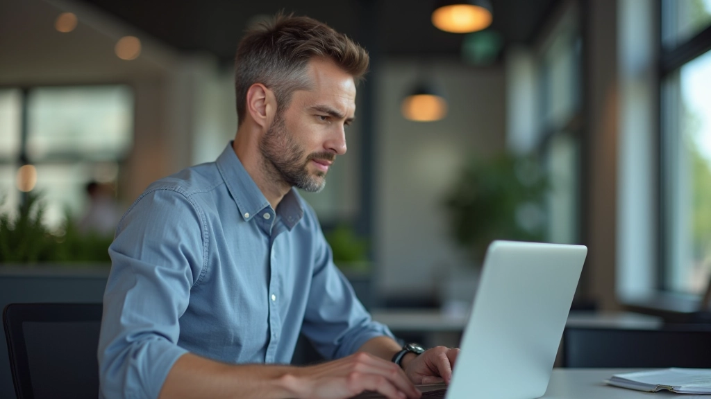 Mann mittleren Alters arbeitet an Laptop in modernem Büro während Weiterbildung