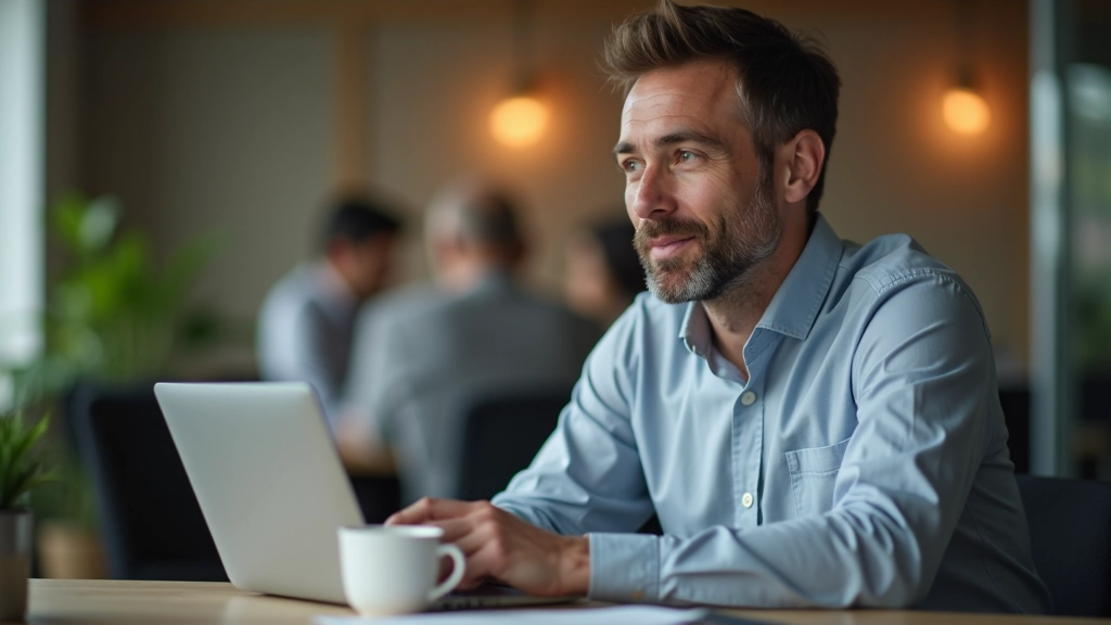 Person mittleren Alters sitzt nachdenklich am Schreibtisch mit Laptop und Kaffee, konzentriert auf Lernaufgabe