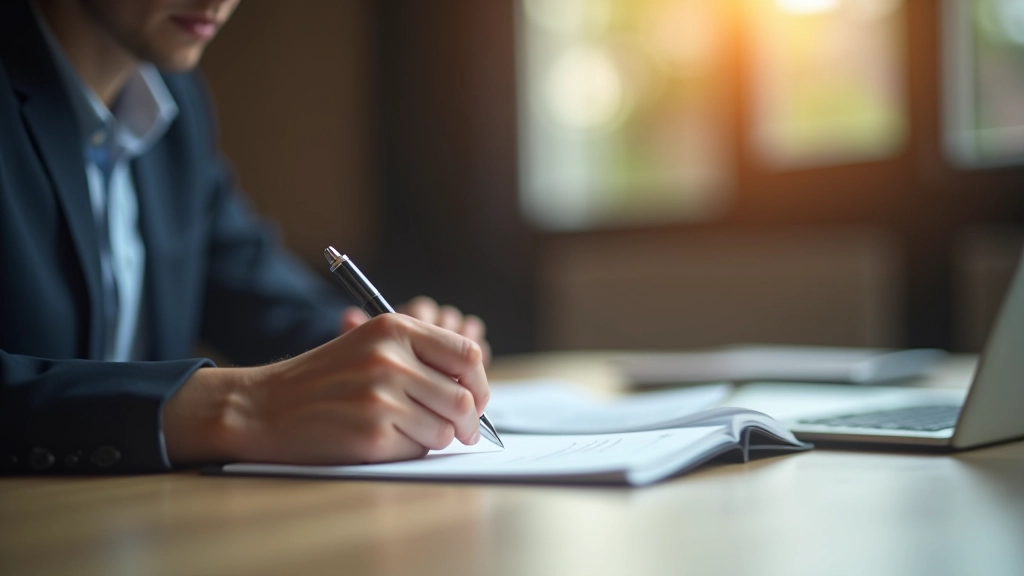 Nahaufnahme von Händen, die auf einem Schreibtisch ein Notizbuch mit Stift halten, moderne Umgebung