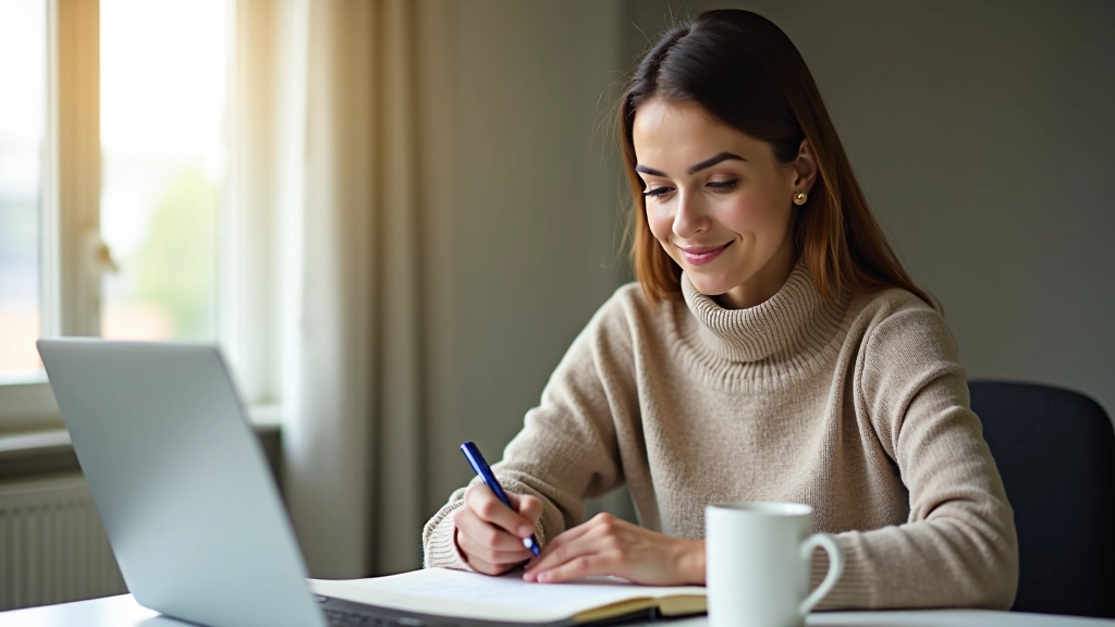 Person arbeitet am Laptop mit Kaffee und Planner auf dem Schreibtisch, produktive Atmosphäre