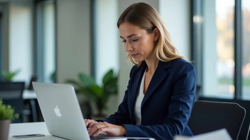 Professionelle Frau mittleren Alters arbeitet konzentriert an ihrem Laptop in einem modernen Büro