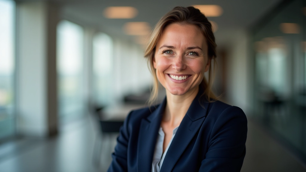 Frau schaut positiv in die Kamera während eines professionellen Porträts im Büro