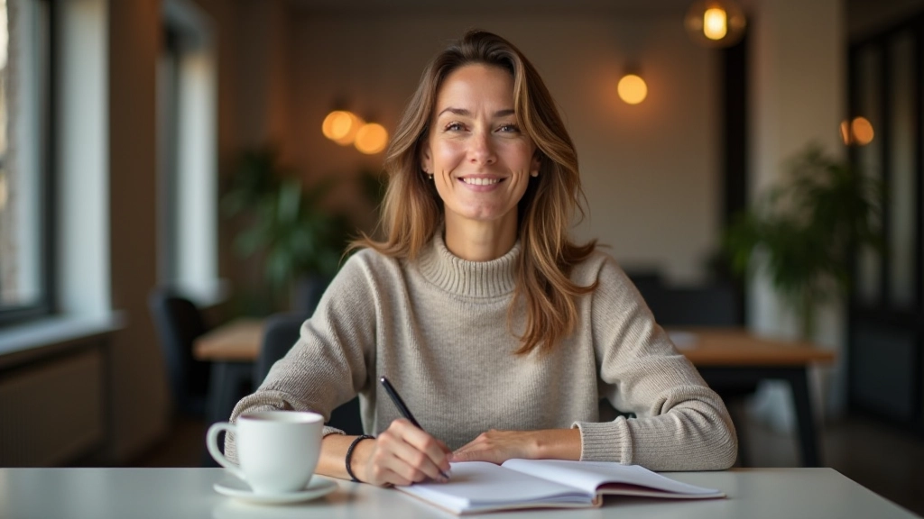 Frau mittleren Alters mit Notizbuch und Kaffee bei der Planung ihrer Lernstrategie