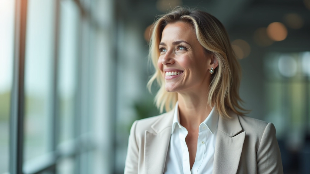 Lachende Frau mittleren Alters schaut aus dem Fenster mit Laptop auf Schreibtisch, optimistischer Blick nach vorne
